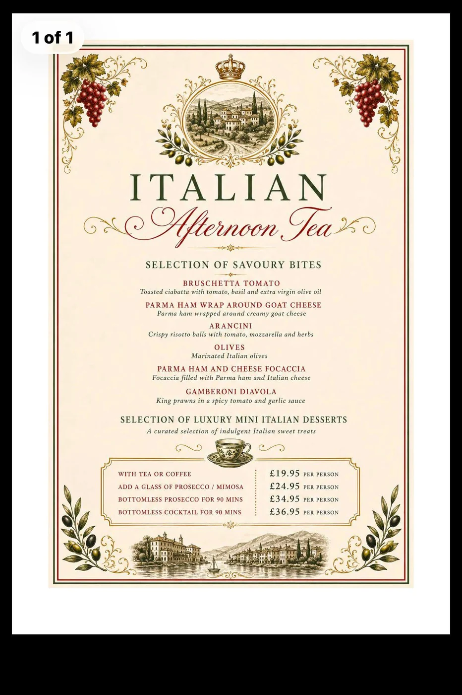 Capri Woodkirk Afternoon Tea menu